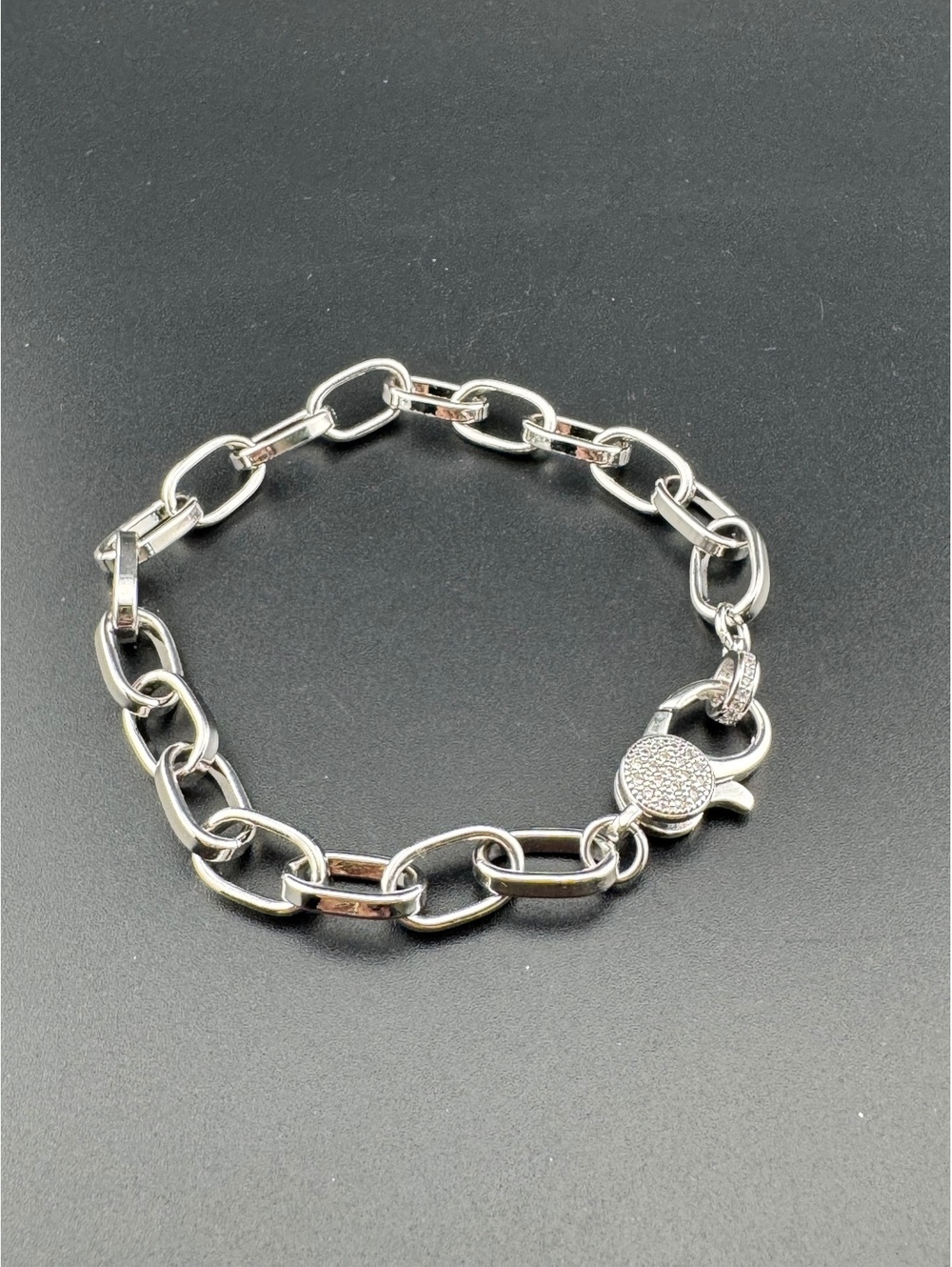 Silver Tone Chain Link Bracelet with Pavé Clasp
